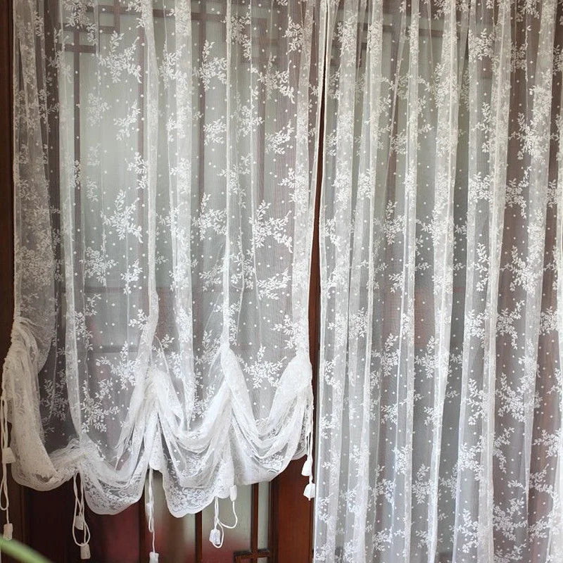 YOUMIKA  -  Lace Balloon Curtain Adjustable Tie-Up Window Curtain Embroidered Semi Sheer Floral Tulle Drapes for Living Room Bedroom 1 Panel