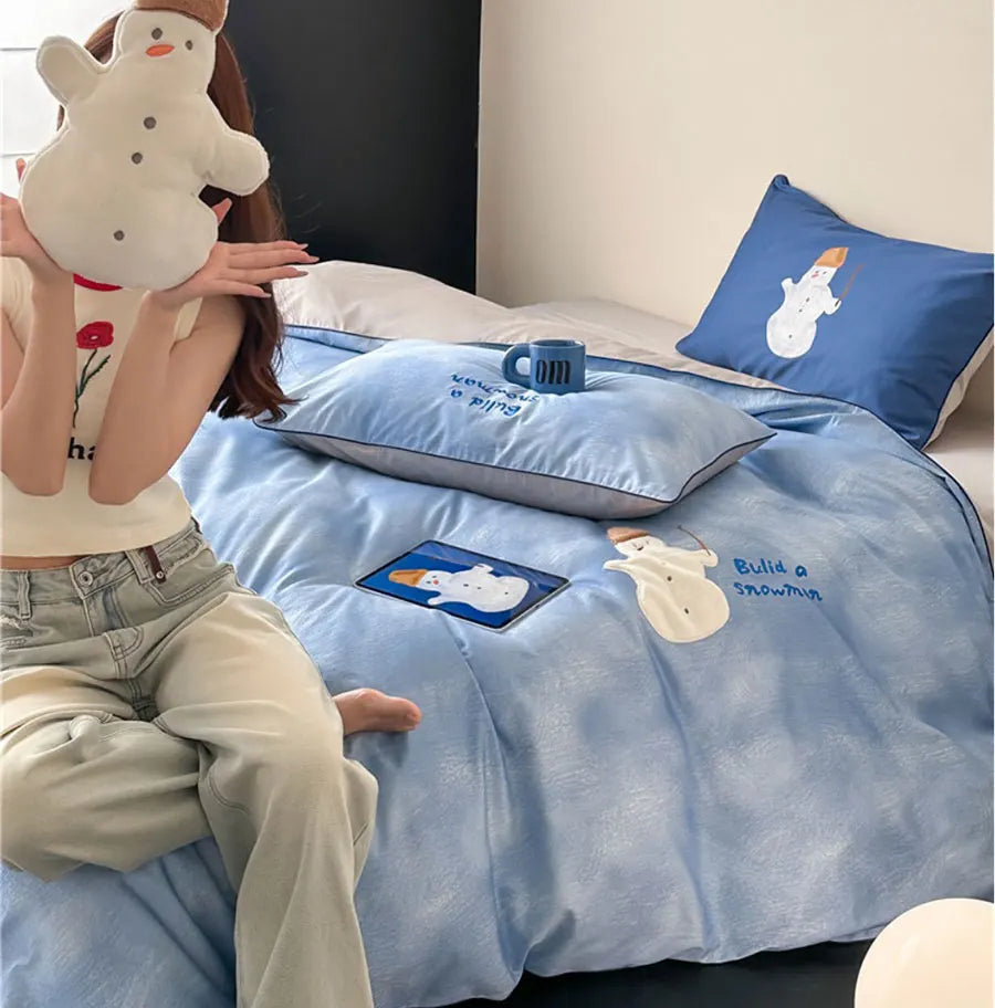 YOUMIKA  -  Cute cartoon snowman blue bedding set,full queen king lovely kawaii 100s cotton home textile bed sheet pillow case duvet cover