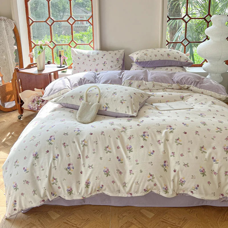 YOUMIKA  -  4pcs Vintage Countryside Style Bed Sheet, Four Seasons Water Washed Cotton Small Flower Duvet Cover, Bedding Supplies 1.5/1.8/2M