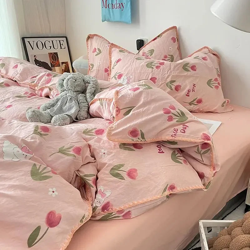 YOUMIKA  -  Sweet Style Bedding Set Flora INS New Tulip Rabbit Double-layer Bed Set Of Four Pieces Washing Cotton Bed Sheets Duvet Cover Set