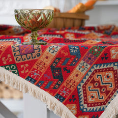 YOUMIKA  -  Cotton Linen Red Seal Tablecloth, Beige Tassels, Tablecover, American Rural Styles, Nation, Bohemian Style