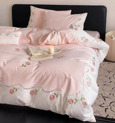 YOUMIKA  -  Romantic pink embroidery rose bed set single double,twin full queen king cotton home textile bed sheet pillow case quilt cover