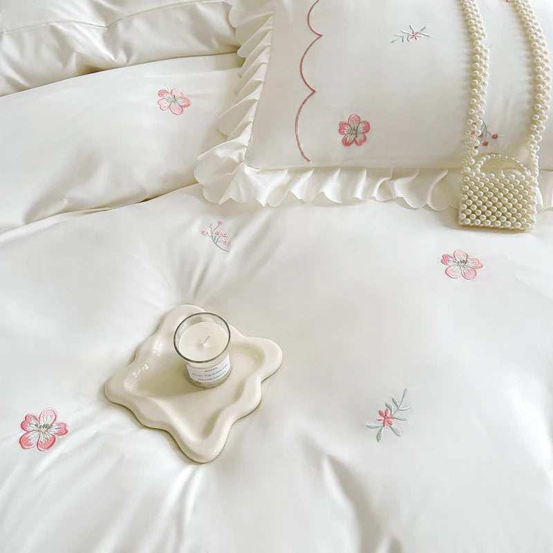 YOUMIKA  -  Florals Embroidery Duvet Cover Set Queen King Size White Polyester Ruffles Bedding Fitted Bed Sheet Pillowcases Home Textile