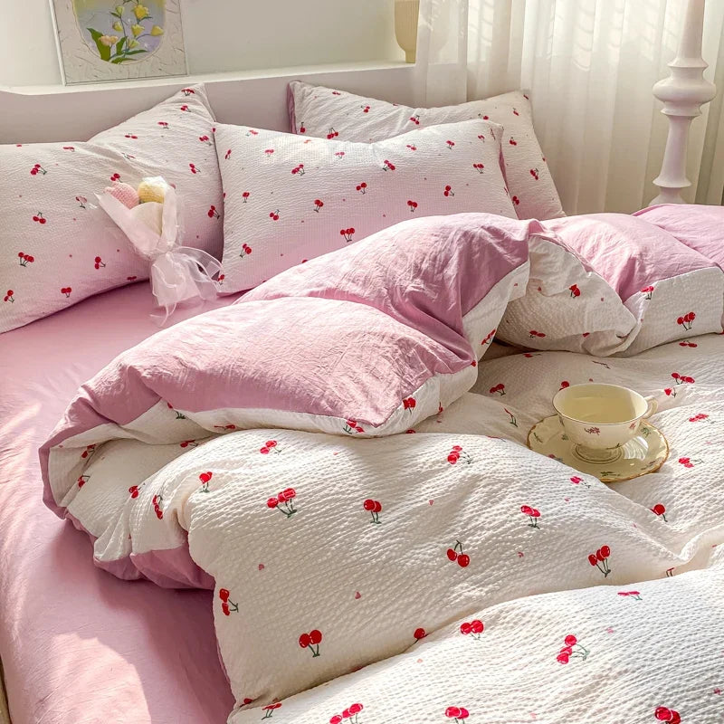 YOUMIKA  -  Cute Cherry Bedding Set NO Filler INS Duvet Cover Soft Single Double Quilt Cover Sheet Girls Adults Home Textiles Decor Bedroom