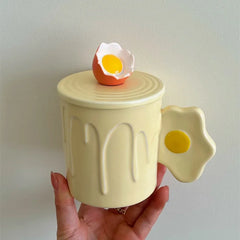 YOUMIKA  -  Cute Yellow Fried Egg Poached Egg Creative Milk Ceramic with Lid Mark Water Cup Breakfast