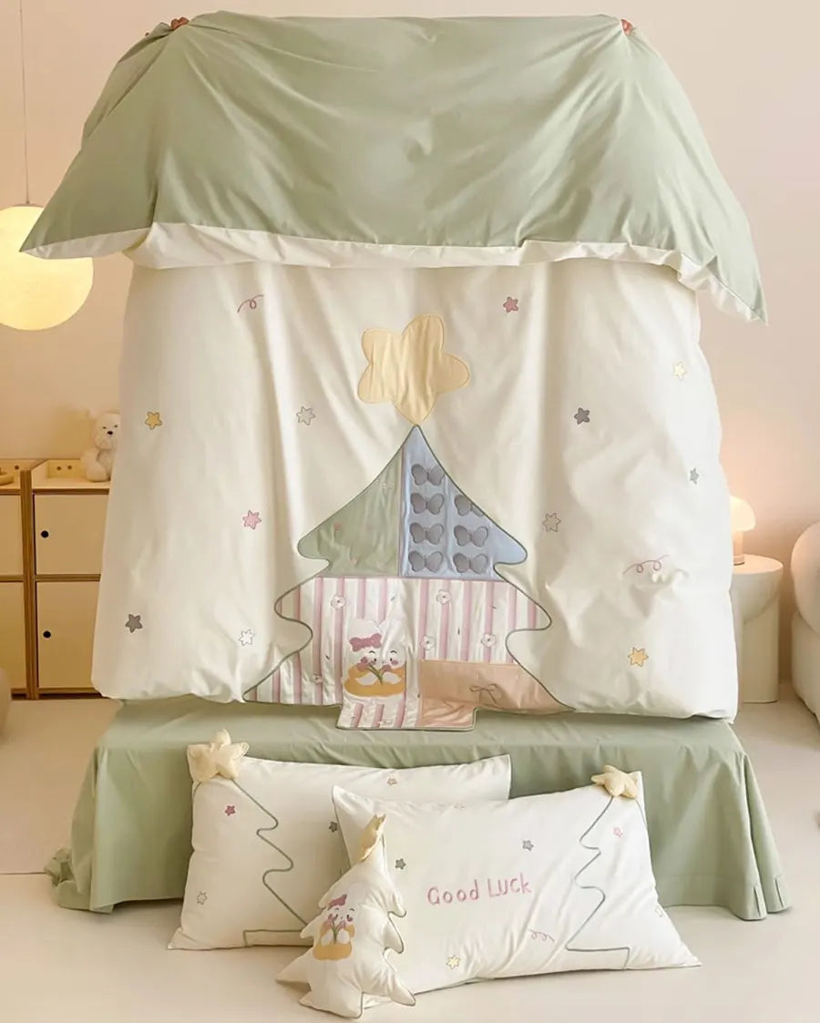 YOUMIKA  -  Fashion cute embroidery rabbit green bedding set double,full queen king cotton home textile bed sheet pillow case quilt cover