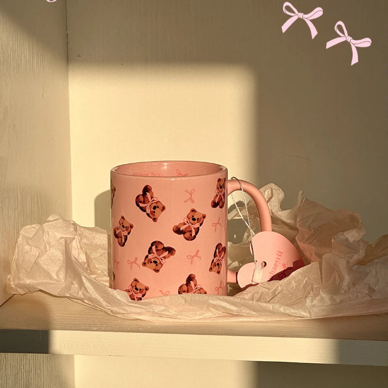 YOUMIKA  -  Original Super Cute Bow Teddy Bear Ceramic Cup Breakfast Coffee Cup Pink Coffee Mug