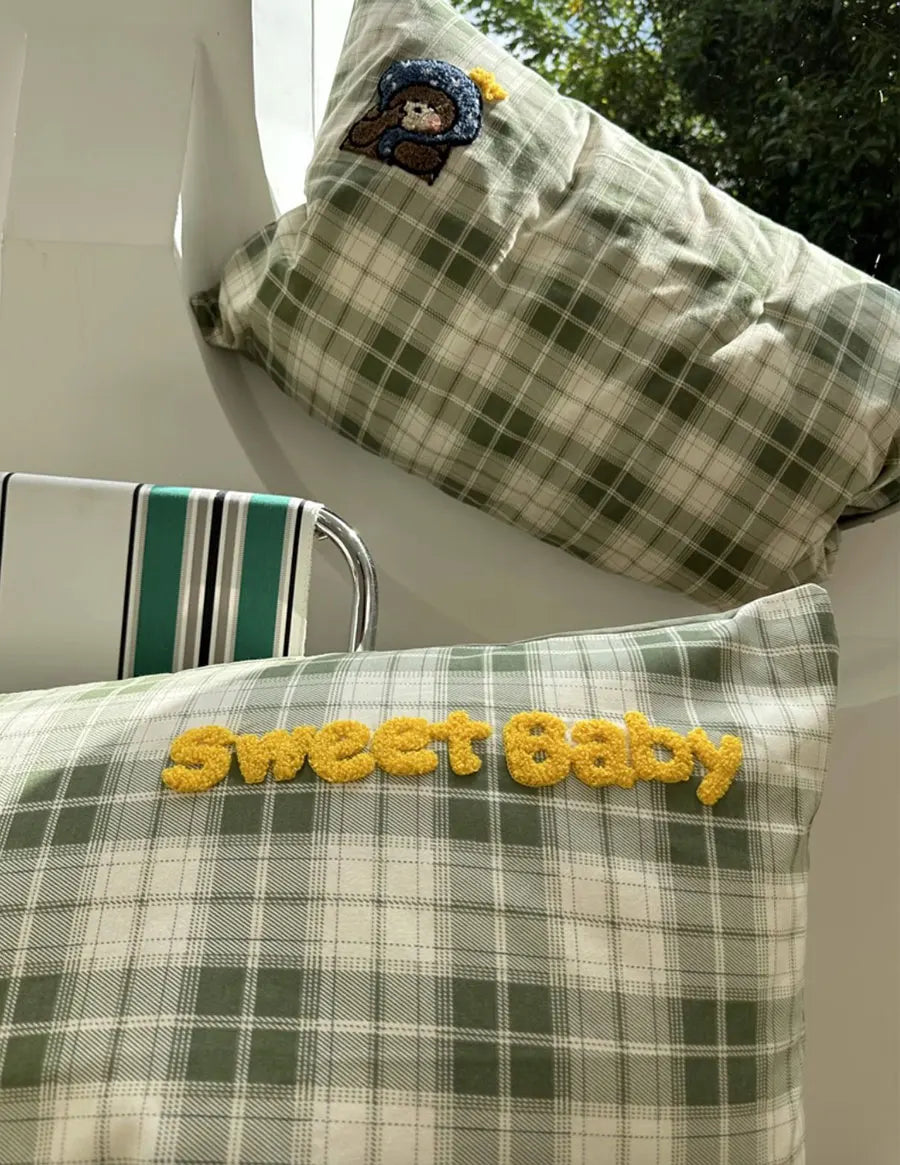 YOUMIKA  -  Cute towel embroidery bear green plaid bedding set,twn full queen king cotton home textile bed sheet pillow case quilt cover