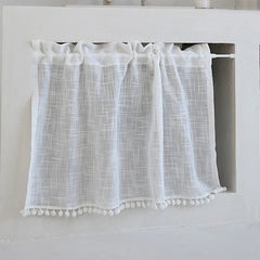 YOUMIKA  -  Short Curtain Valance Kitchen Window Curtains with Pom Pom White Cotton Linen Light Filtering 1 Panel for Over Sink Laundry Room