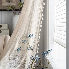 YOUMIKA  -  Boho Chic Crochet Geometry Knitted Window Curtains Farmhouse Retro Beige Drape Simi Sheer Curtain for Bedroom Living Room TJ7036