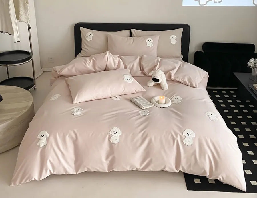 YOUMIKA  -  cute cartoon embroidery dog pink beige bedding set,twin full queen king cotton home textile bed sheet pillow case quilt cover