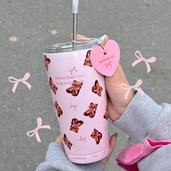 YOUMIKA  -  Cute Pink Bow Teddy Bear Insulated Cup 304 Stainless Steel Portable Straw Cup Water Bottles