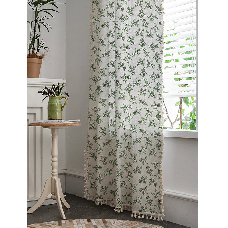 YOUMIKA  -  Cotton Linen Small Green Leaf Curtains Rural Pastoral Tropic Style Curtain with Broom Tassels, Bedroom Living Room Customizable