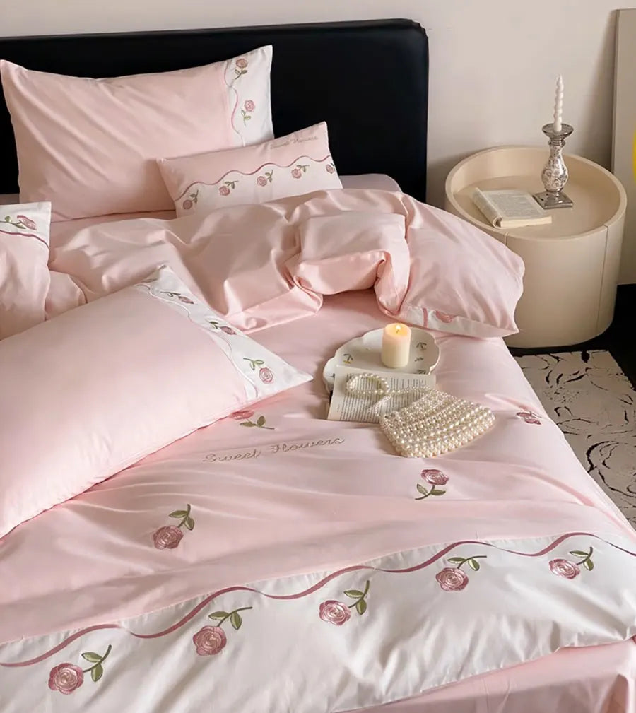 YOUMIKA  -  Romantic pink embroidery rose bed set single double,twin full queen king cotton home textile bed sheet pillow case quilt cover