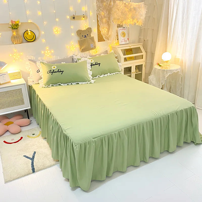 YOUMIKA  -  Korean Princess Bedding Set For Girls Ruffle Double Duvet Cover Set Linen Bed Full Fitted Skirt Sheet Pillowcase Queen King Size