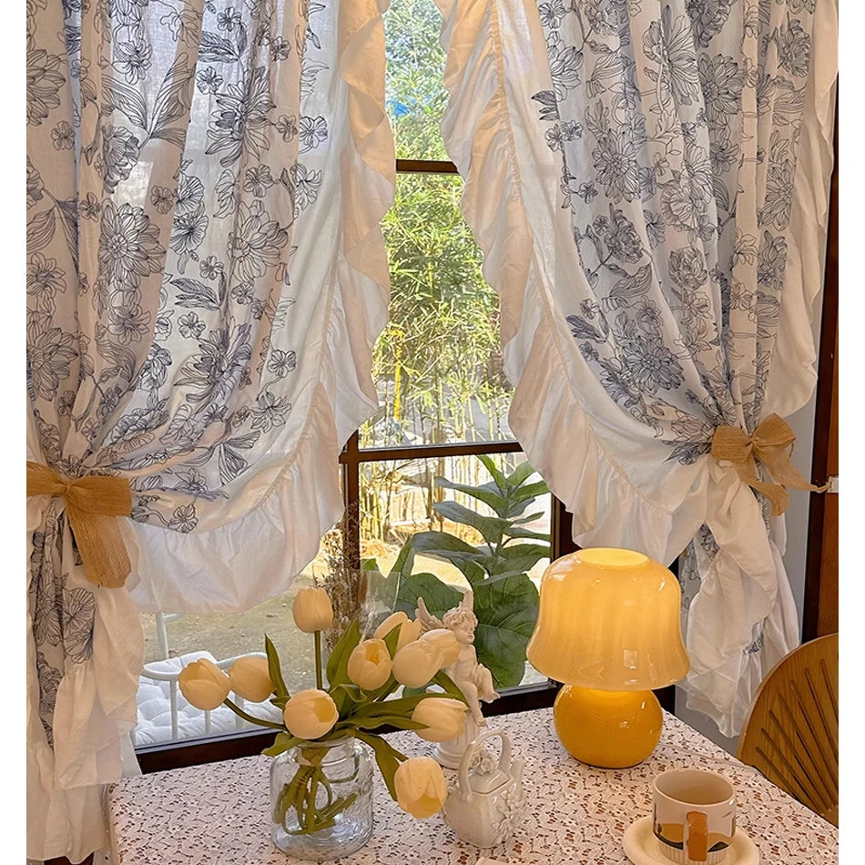 YOUMIKA  -  Korean Rufffle Embroidery Curtains Road Pocket Shade Curtain Floral for Kitchen Bedroom Living Room Bay Window Cabinet Curtain