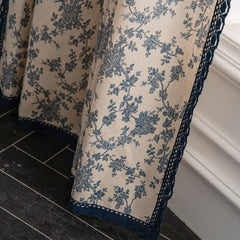 YOUMIKA  -  Cotton Linen Blue Flower Curtains Rural and Pastoral Style Curtain with Blue Lace Bedroom and Living Room