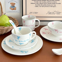 YOUMIKA  -  Korean Bow Ceramic Tableware Set Cute Breakfast Plate Afternoon Tea Tableware Dinner Plate Set