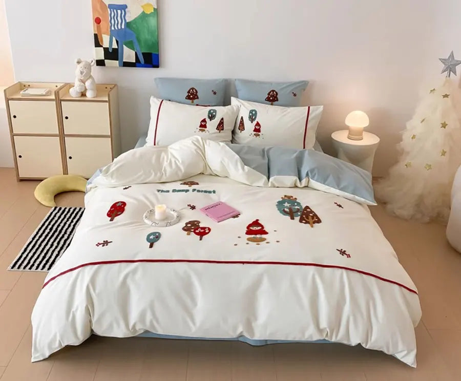 YOUMIKA  -  Fashion cute embroidery girl tree red bedding set double,full queen king cotton home textile bed sheet pillow case quilt cover