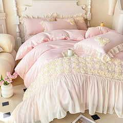 YOUMIKA  -  3Pcs Pink Skin-friendly Soft Three-dimensional Flowers Embroidery Lace Ruffles Princess Bedding Set Duvet Cover With Pillowcases