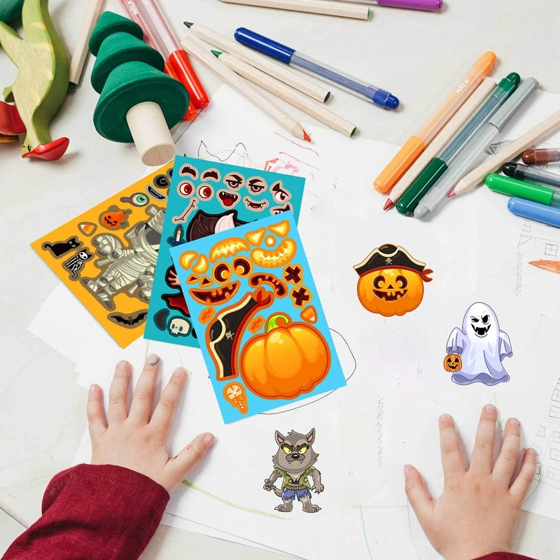 YOUMIKA  -  8/16Sheets Halloween Make a Face Puzzle Sticker Kids Party Favors Gift Toy DIY Pumpkin Ghost Assemble Jigsaw Educational Game