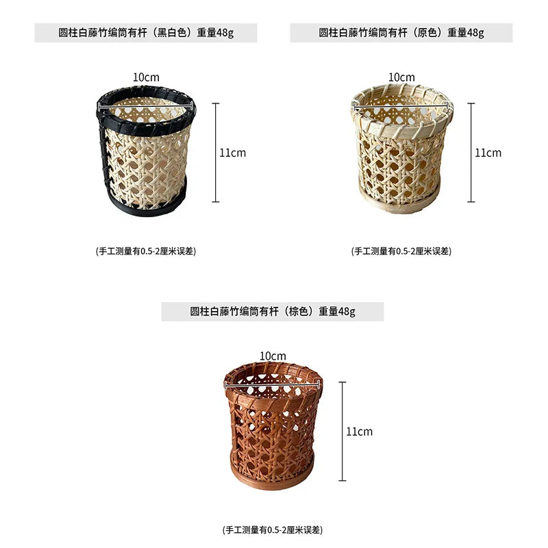 YOUMIKA  -  White Vine Hand Woven Cylindrical Pen Holder,bamboo Woven Small Cylinder Tableware Storage Basket,small Miscellaneous Basket Set