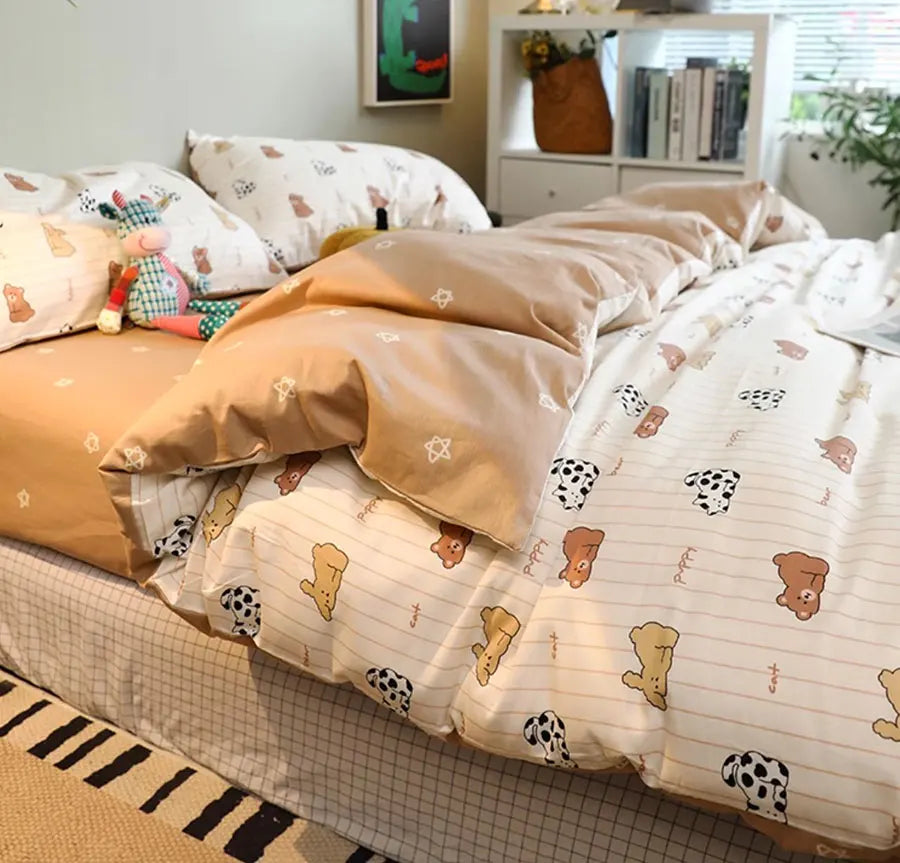 YOUMIKA  -  Cute cartoon bear cat puppy brown coffee bedding set teen,twin full queen cotton home textile bed sheet pillow case quilt cover