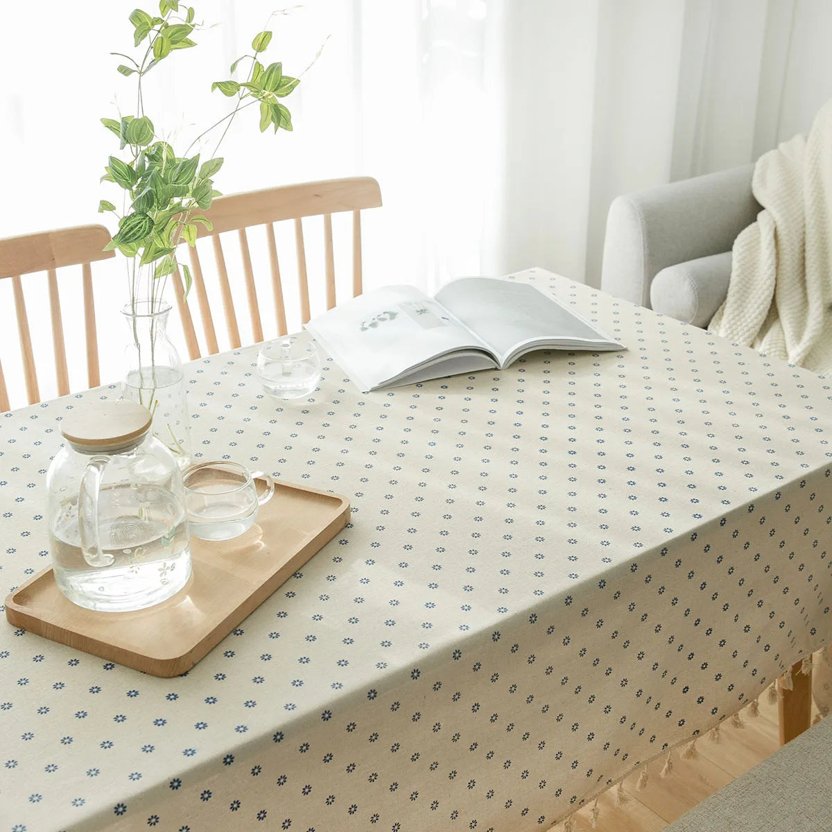 YOUMIKA  - Cotton Linen Tablecloth, Beige and Blue Flower, American Rural and Pastoral Style, Table Cover Decoration