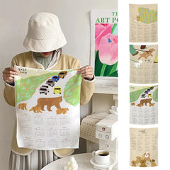 YOUMIKA  -  2025 New Year Calendar Tapestry Wall Decorative Hanging Cloth Background Photo Props Cute Bear Home Calendar Room Decoration