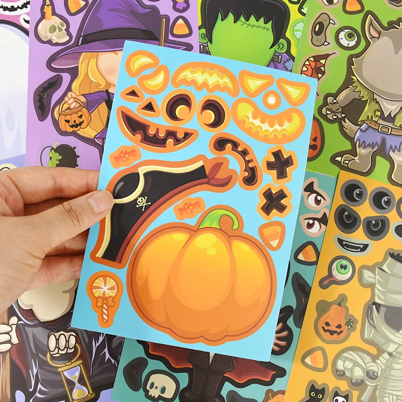 YOUMIKA  -  8/16Sheets Halloween Make a Face Puzzle Sticker Kids Party Favors Gift Toy DIY Pumpkin Ghost Assemble Jigsaw Educational Game