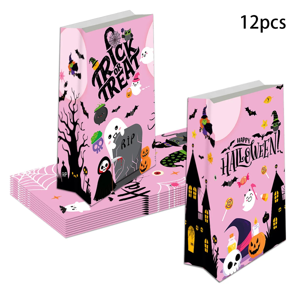 YOUMIKA  -  12pcs NEW Trick Or Treat Paper Gift Bags With Label Sticker Halloween Night Party Kids Gift Packing Bag Happy Halloween Supplies