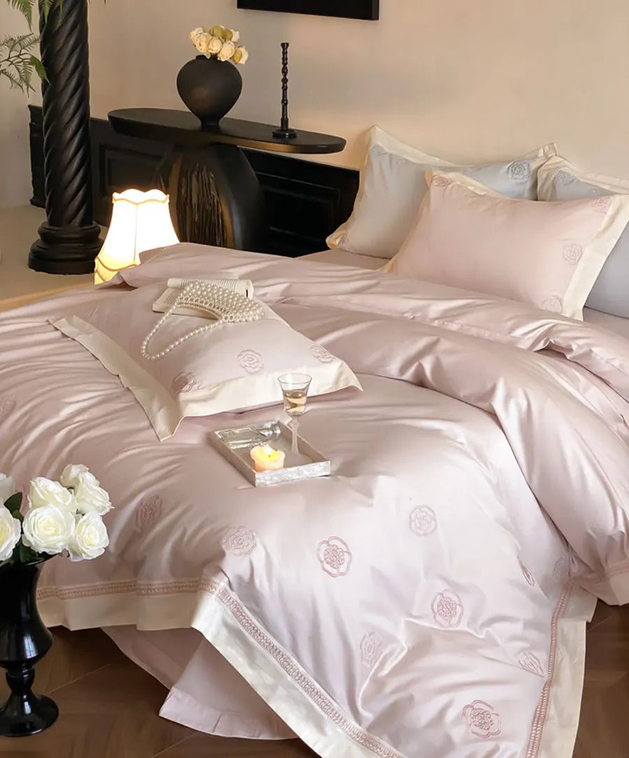 YOUMIKA  -  Elegant romantic embroidery flower pink blue bedding set,full queen king cotton home textile bed sheet pillow case duvet cover