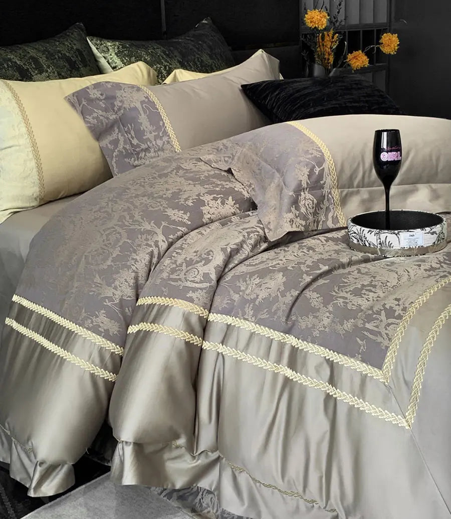 YOUMIKA  -  Luxury european french champagne bed set,full queen king florid jacquard cotton home textile bed sheet pillow case duvet cover