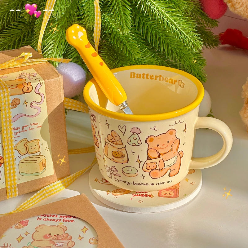 YOUMIKA  -  Spring Butter Bear Bread Cute Hand Drawn Wind Cream Breakfast Coffee Ceramic Mug Gift Water Cup