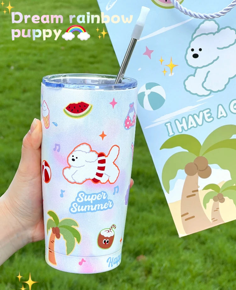 YOUMIKA  -  Dreamy Rainbow Puppy Large Capacity 304 Stainless Steel Direct Drinking Mouth Straw Insulated Cup Cartoon Cold Insulation