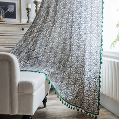 YOUMIKA  -  Blue And White Porcelain Curtains French Rural And Pastoral Style Curtain With Green Broom Tassels Bedroom And Living Room