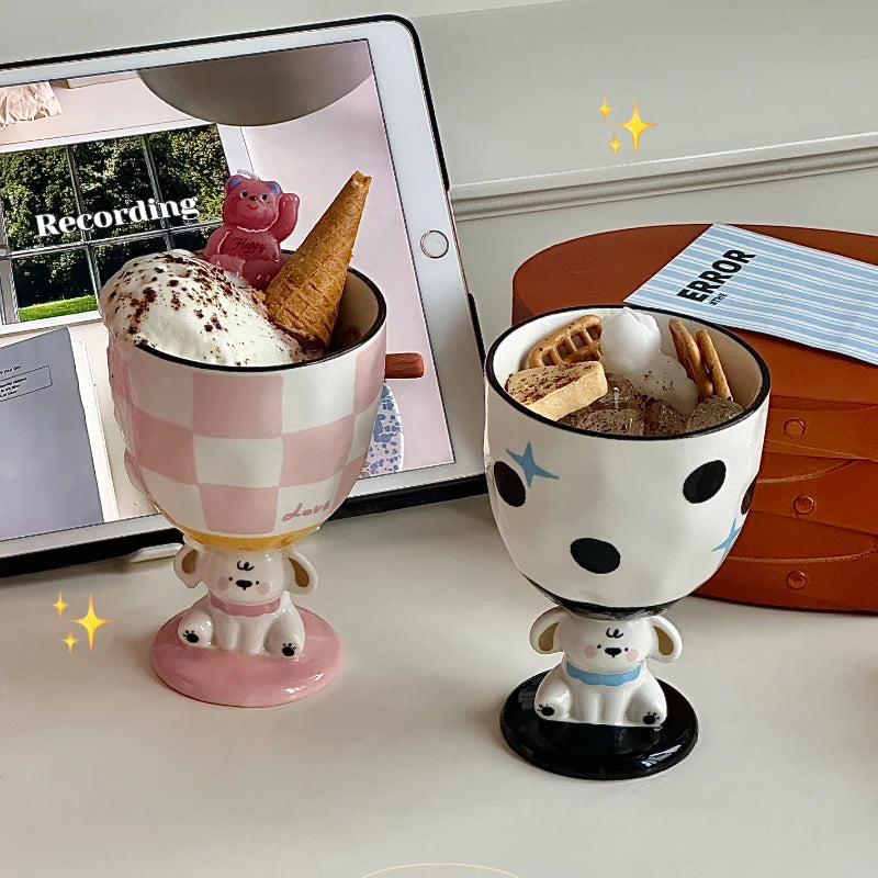 YOUMIKA  -  Cute Dog High Footed Cup Underglaze Color Hand-painted Gift Ice Cream Ceramic Cup Souvenir for Couples and Girlfriends