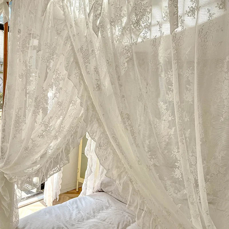 YOUMIKA  - White Lace Jacquard Princess Girls Bed Curtains Canopy Bed Square Court Mosquito Textile Netting Mesh Net for King Bed, H210cm