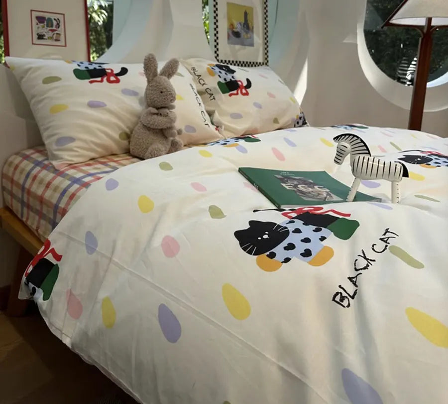 YOUMIKA  -  Cute Cartoon Cat Bedding Set Kid,twin Full Queen Lovely Colorful Cotton Plaid Dot Home Textile Bed Sheet Pillow Case Quilt Cover