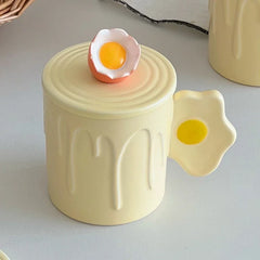 YOUMIKA  -  Cute Yellow Fried Egg Poached Egg Creative Milk Ceramic with Lid Mark Water Cup Breakfast