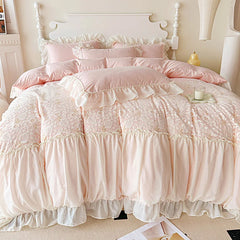 YOUMIKA  -  Korean Princess Bedding Set Hollow Lace Patchwork Solid Color Lace Ruffle Duver Cover Set Luxury Girls Wedding Home Textiles