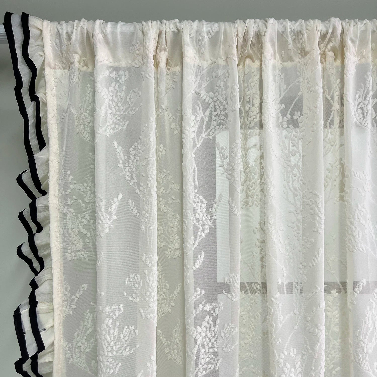 YOUMIKA  -  French Cream Wind Leaves Branches Flocking Opaque Bedroom Tulle Curtain with Black Ruffle Lace, Retro Luxury Living Room Decor