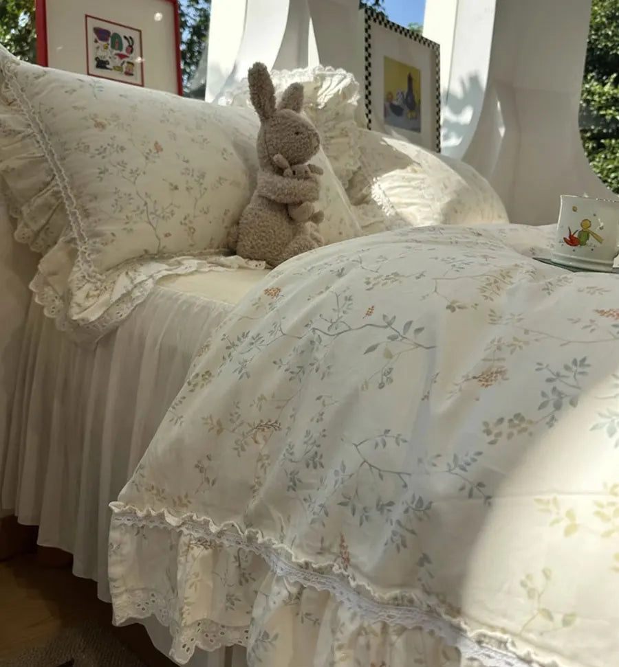 YOUMIKA  -  Romantic Sweet Fairyfair Lace Floral Bedding Set,twin Full Queen Rustic Cotton Home Textile Bed Sheet Pillowcase Quilt Cover