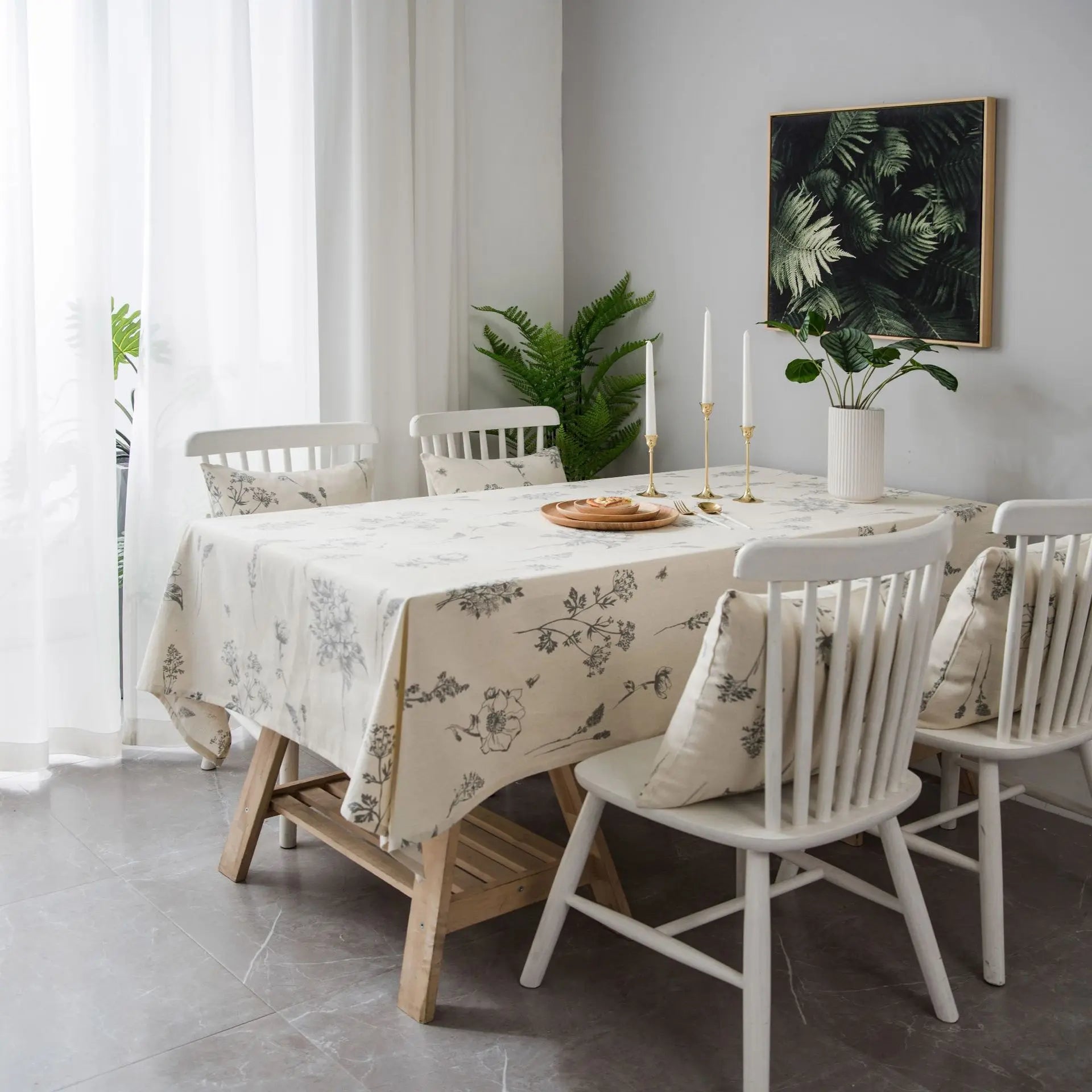 YOUMIKA  -  Cotton Linen Tablecloth with Grey Flower and Bee, Pastoral Style, Table Cover, Decoration for Kitchen, Wedding, Dining Room