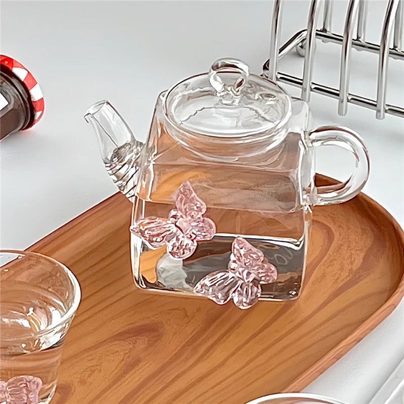 YOUMIKA  -  Glass Tea Set Pink Butterfly Elegant Kettle Teacup Tea Boiling Warm Wine Pot Home Party Tea Tasting Cup Holiday Warmhouse Gift