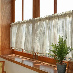 YOUMIKA  -  Boho Kitchen Curtain Farmhouse Cotton Linen Short Window Tier Curtain Natural with Tassels Cafe Semi-Transparent Home Decoration