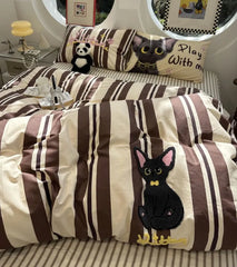 YOUMIKA  -  Fashion towel embroidery cat stripes brown bedding set kid,twin full queen cotton home textile bed sheet pillow case quilt cover