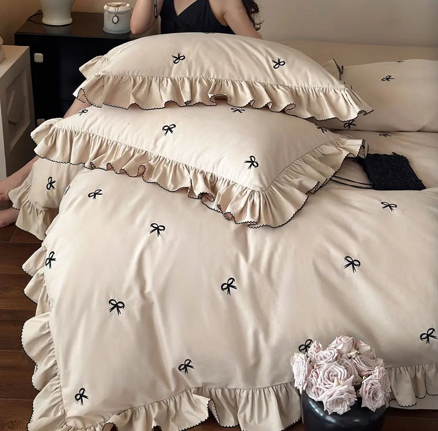 YOUMIKA  -  Fashion cute embroidery bow bedding set,full queen king fairyfair ruffle cotton home textile bed sheet pillow case duvet cover