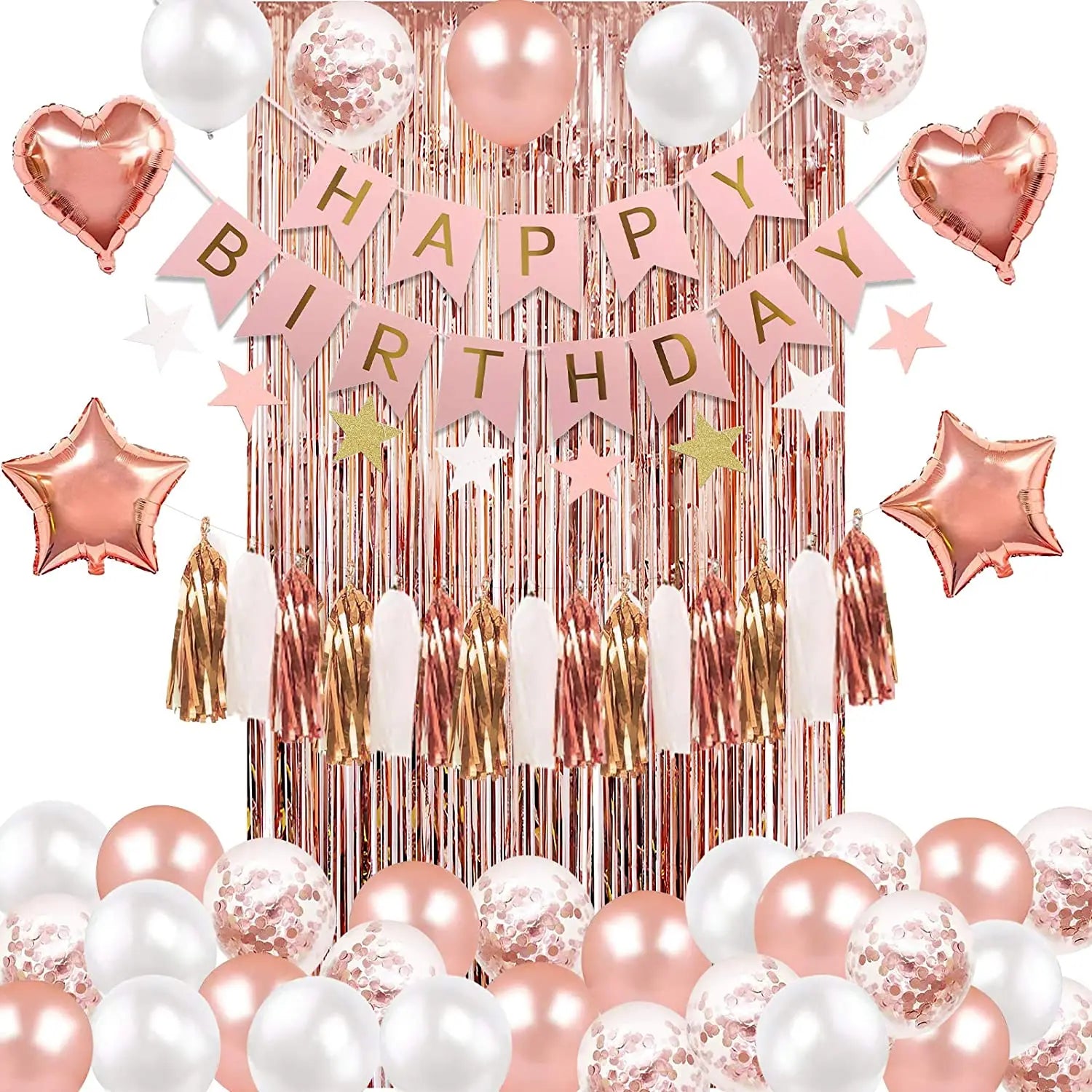 YOUMIKA  -  Birthday Party Decorations Set with Banner Confetti Latex Balloon Heart Foil Balloon Fringe Curtain for Birthday Party Supplies