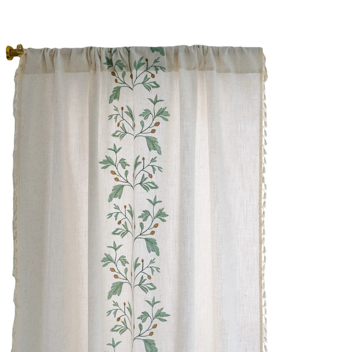 YOUMIKA  -  Cotton and linen curtains embroidered American style bedroom living room window curtain perforated semi-shading tassel curtain